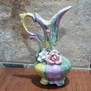 Vintage Floral Rose Pitcher Footed Vase With Handle